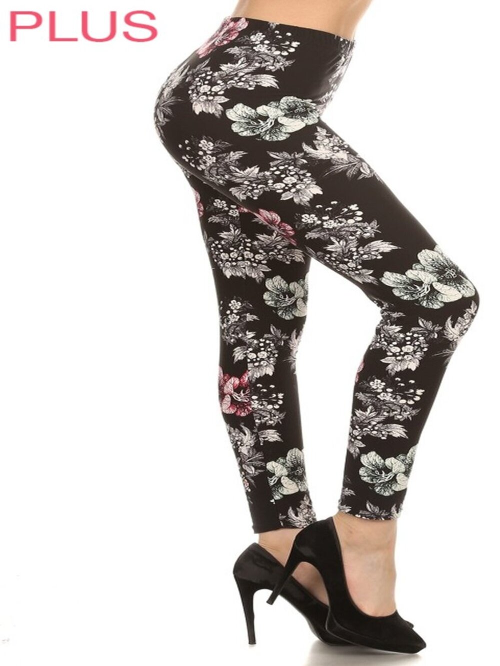 Women One Size Plus Fits Sizes 12-20 Yoga Leggings Buttery Soft Blk/Pk Flowers